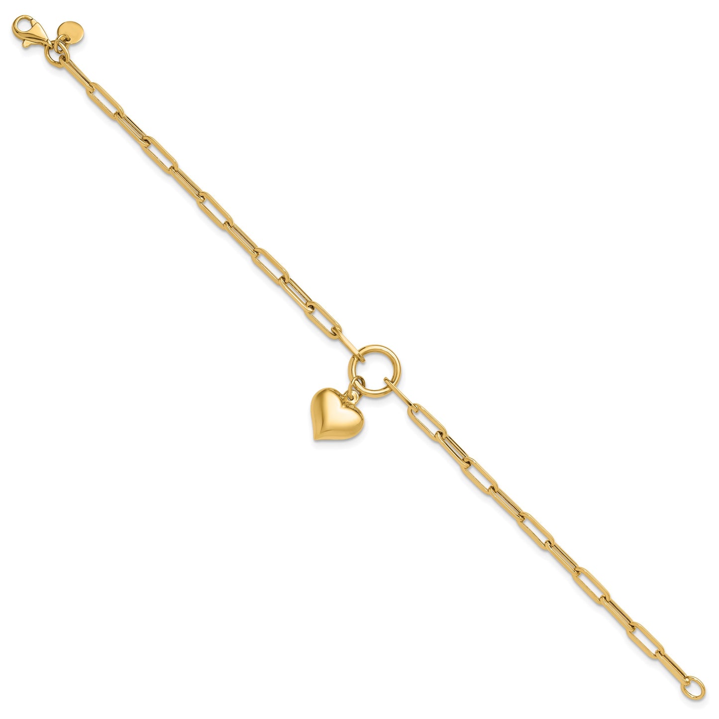 14K Polished Puffed Heart Dangle Paper Clip Link 7.25 inch Bracelet
