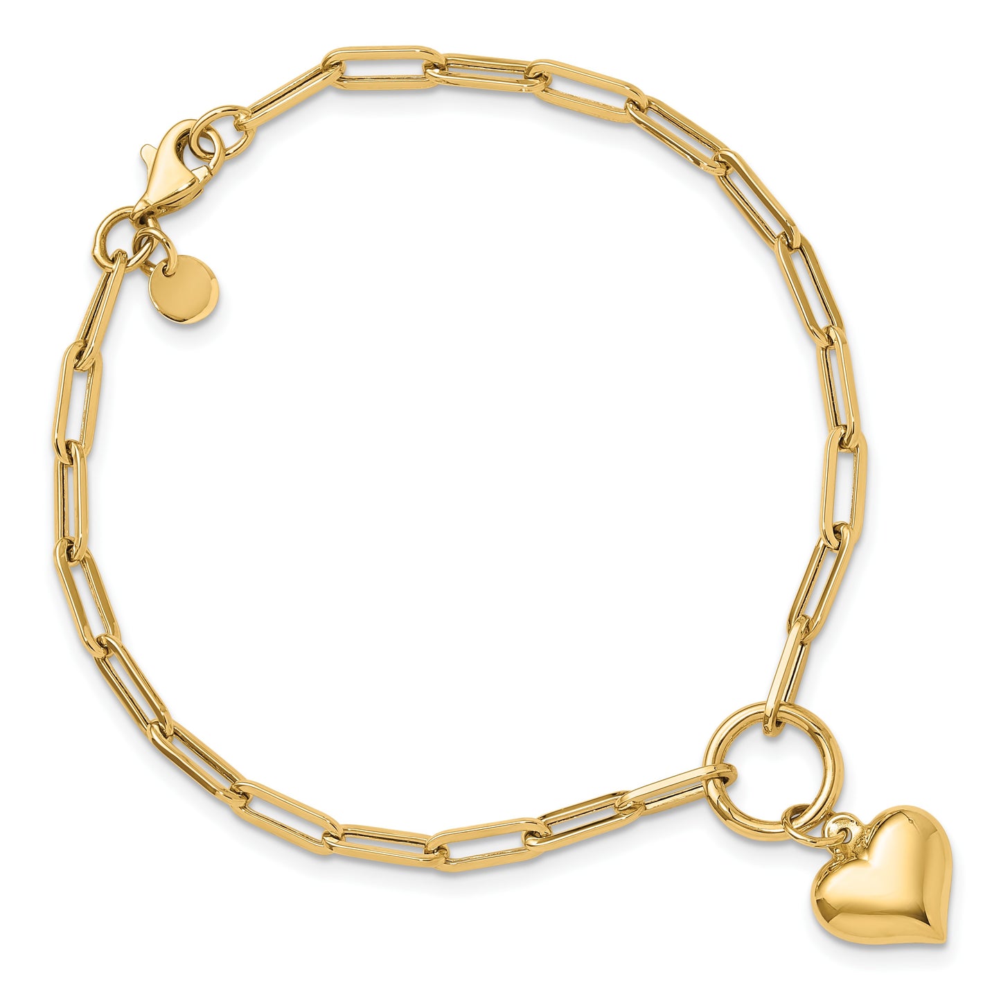14K Polished Puffed Heart Dangle Paper Clip Link 7.25 inch Bracelet