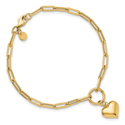 14K Polished Puffed Heart Dangle Paper Clip Link 7.25 inch Bracelet