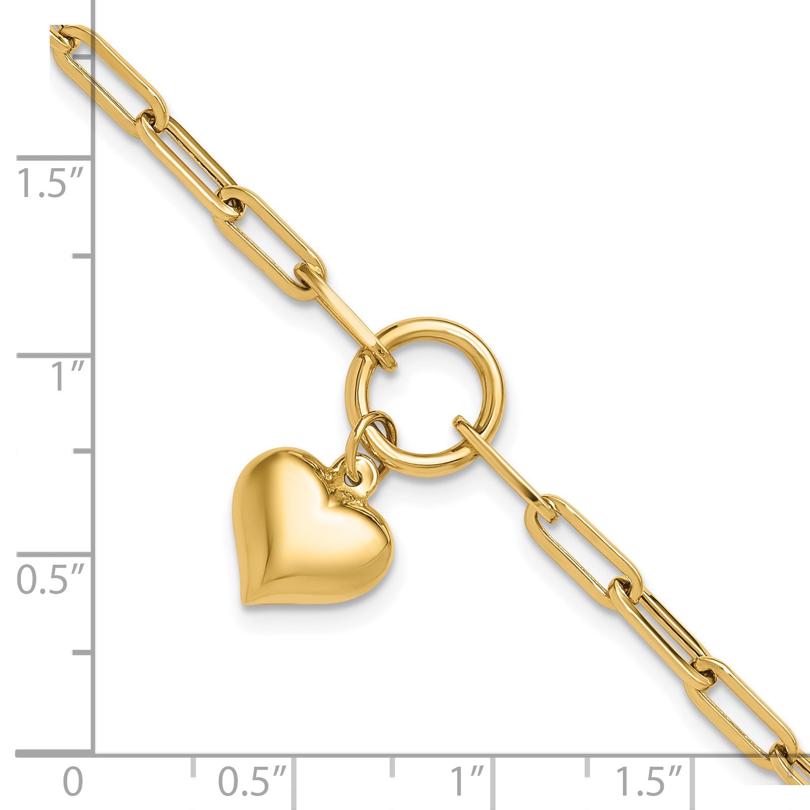 14K Polished Puffed Heart Dangle Paper Clip Link 7.25 inch Bracelet