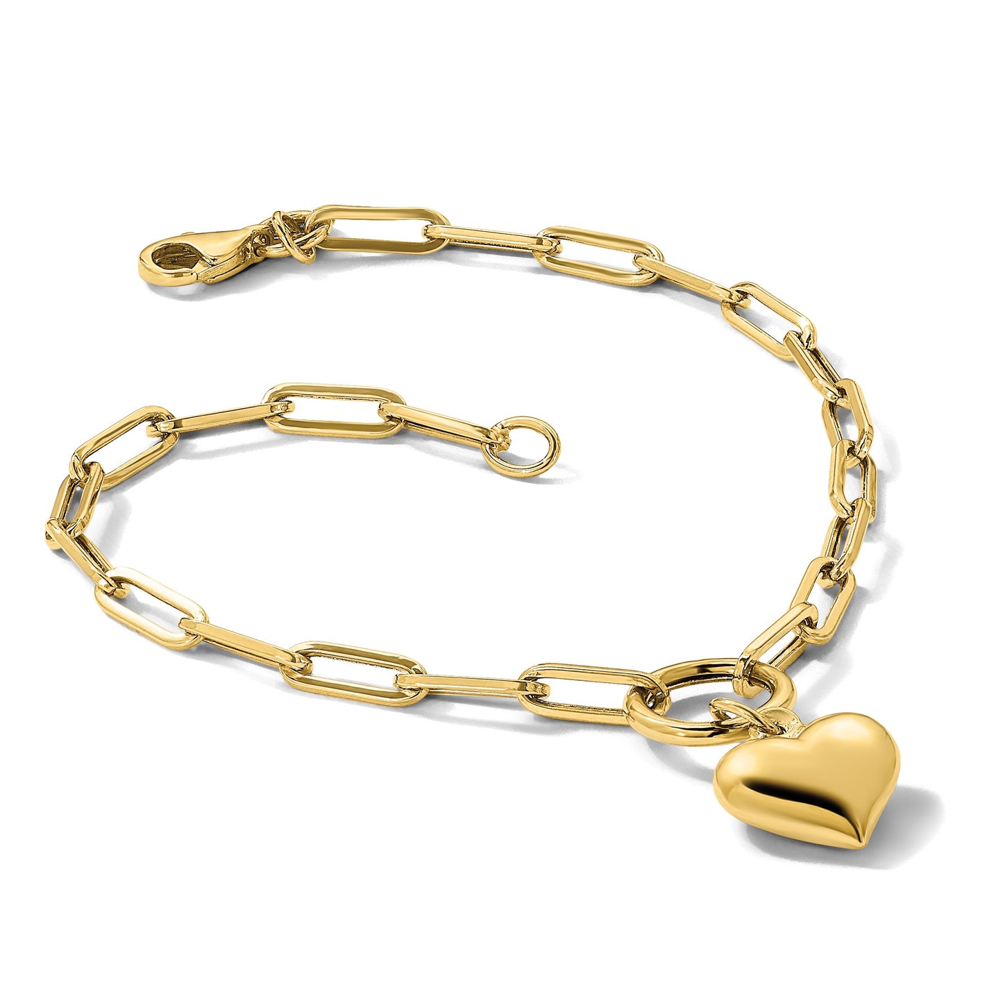 14K Polished Puffed Heart Dangle Paper Clip Link 7.25 inch Bracelet