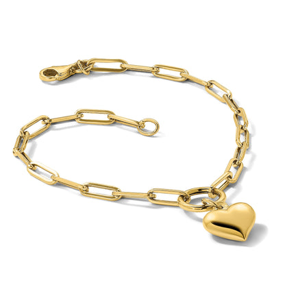 14K Polished Puffed Heart Dangle Paper Clip Link 7.25 inch Bracelet