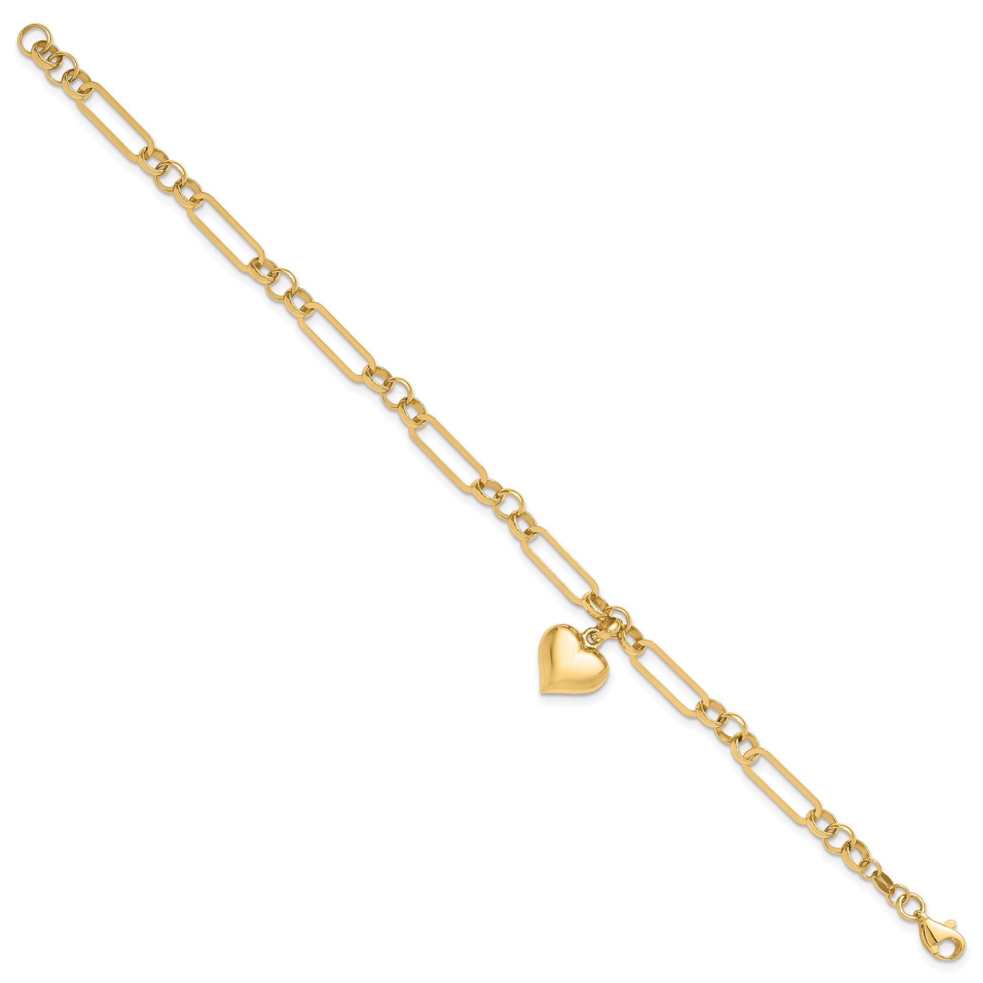14K Polished Puffed Heart Charm Dangle Figaro Link 7.5 inch Bracelet