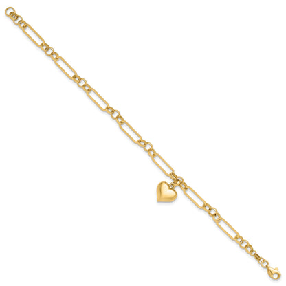 14K Polished Puffed Heart Charm Dangle Figaro Link 7.5 inch Bracelet