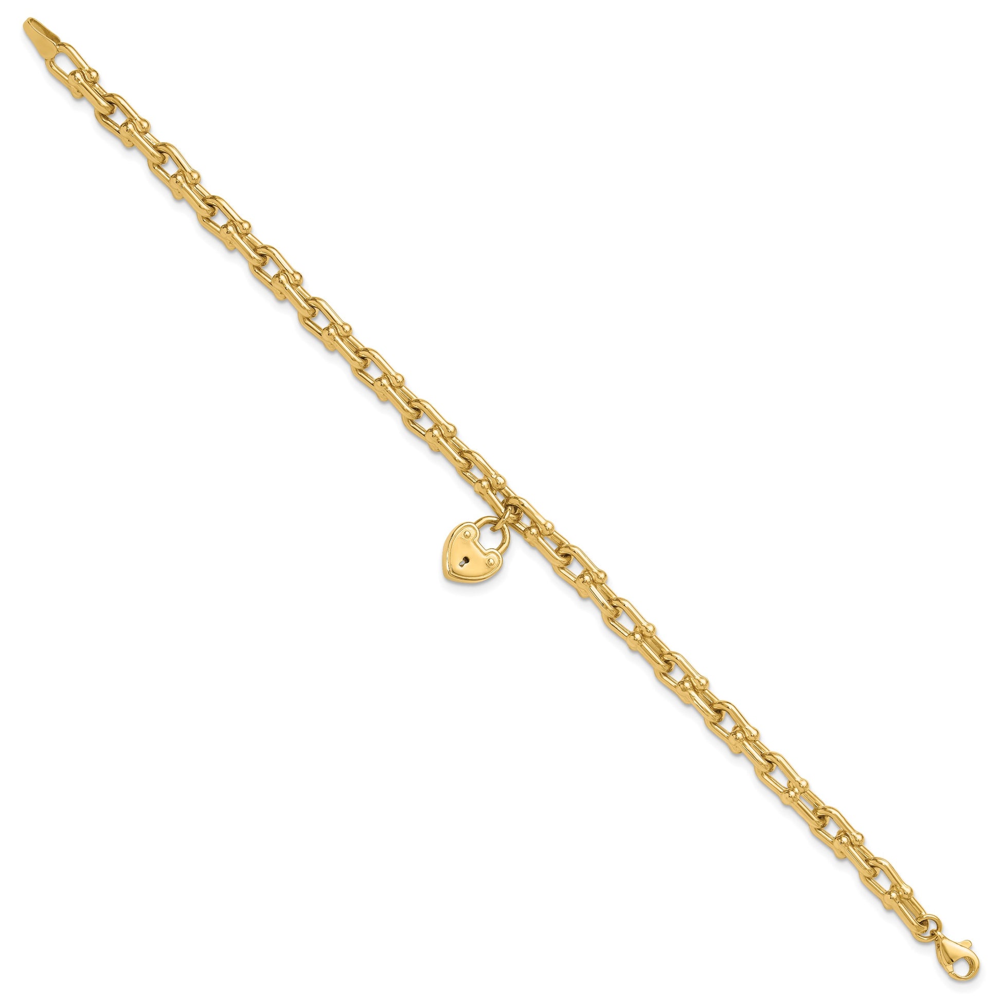 14K Polished Heart Lock Charm Fancy Link 7.5 inch Bracelet