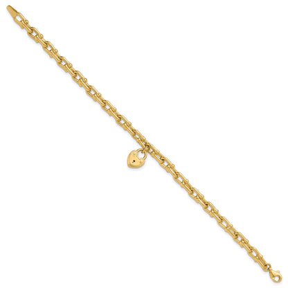 14K Polished Heart Lock Charm Fancy Link 7.5 inch Bracelet