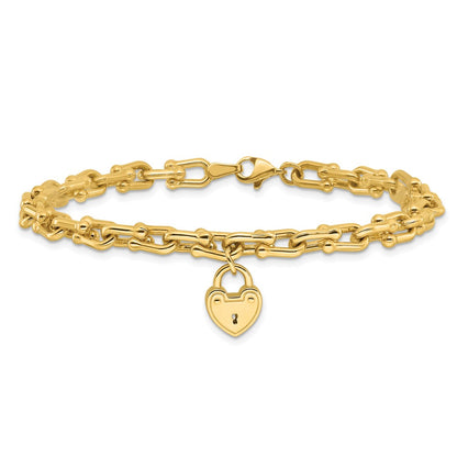 14K Polished Heart Lock Charm Link Bracelet