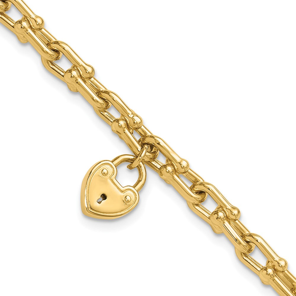 14K Polished Heart Lock Charm Link Bracelet