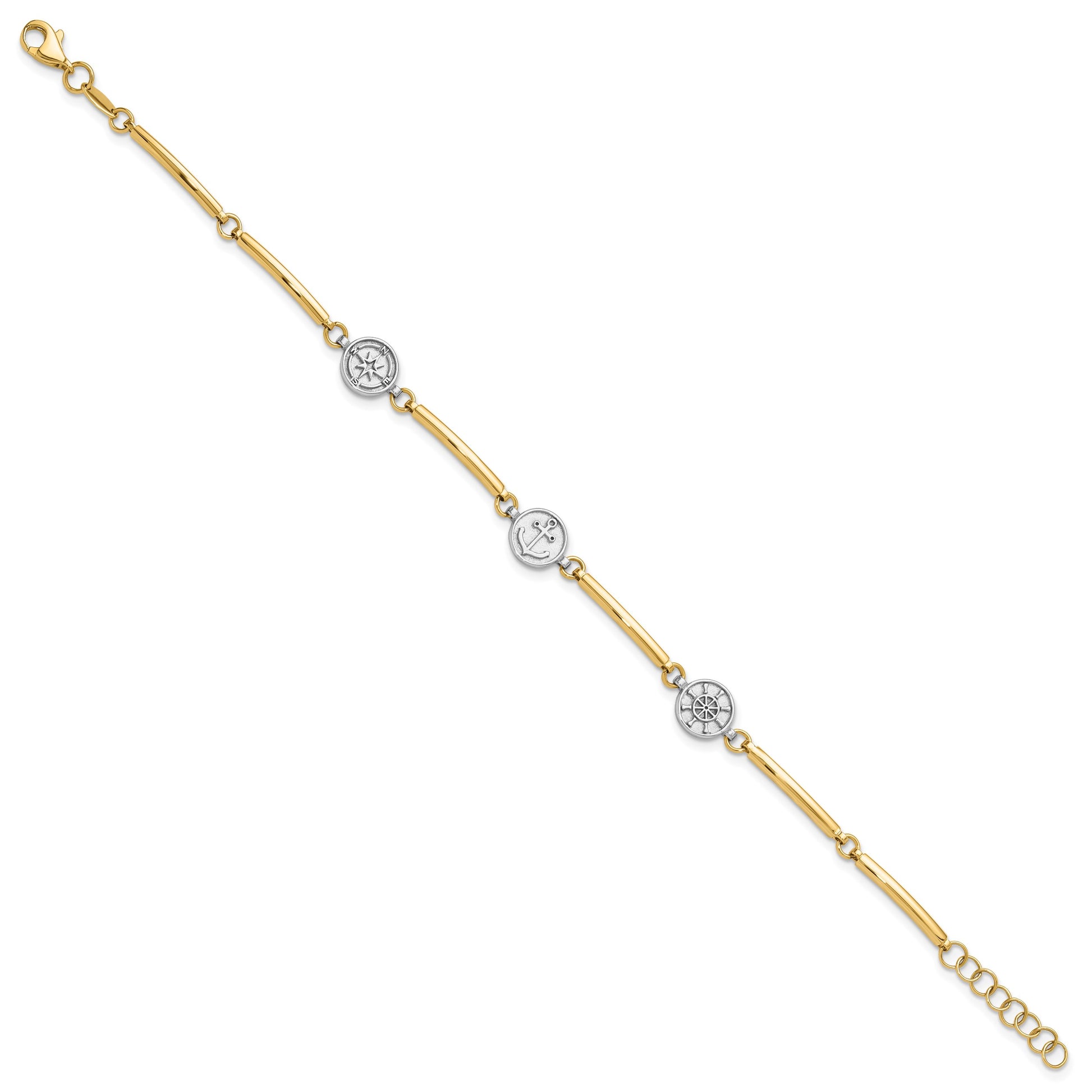 14K Two-tone Polished Compass/Anchor/Ships Wheel 7 inch Bracelet Plus 1 inch Extender