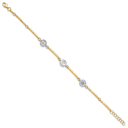14K Two-tone Polished Compass/Anchor/Ships Wheel 7 inch Bracelet Plus 1 inch Extender