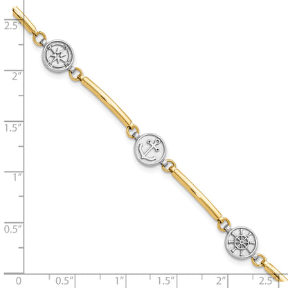 14K Two-tone Polished Compass/Anchor/Ships Wheel 7 inch Bracelet Plus 1 inch Extender