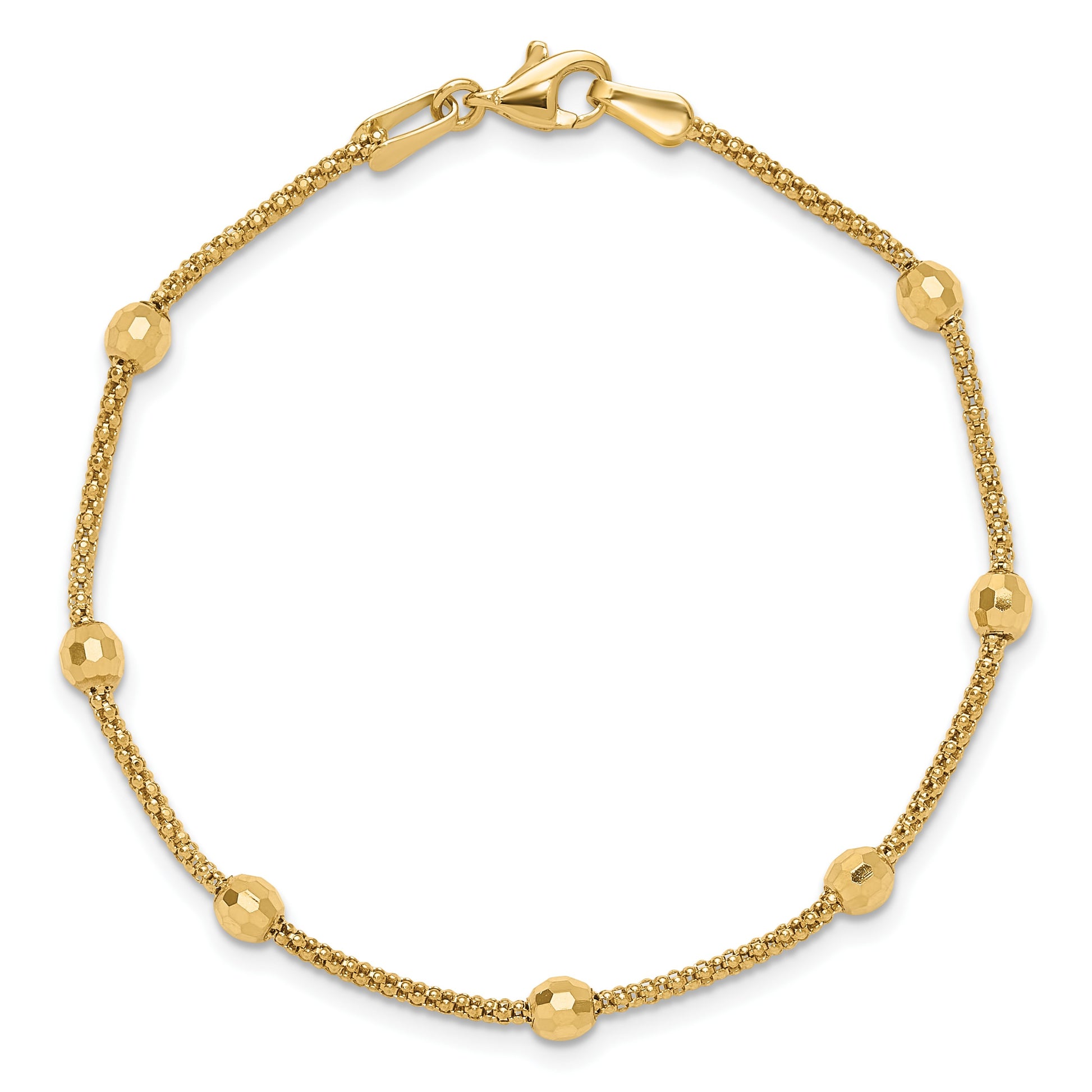 14K Polished 7-Station Mirror Beads and Chain 7 inch Bracelet