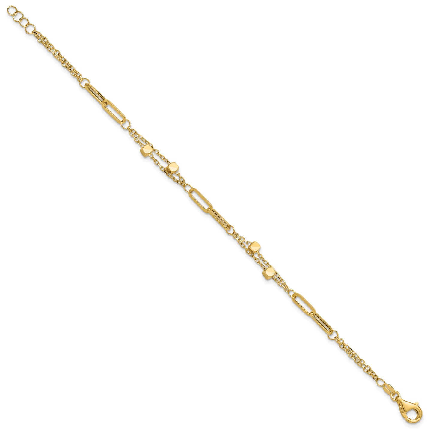 14K Polished Square Beads and Paperclip Link 7 inch Bracelet Plus 0.5 inch Extender