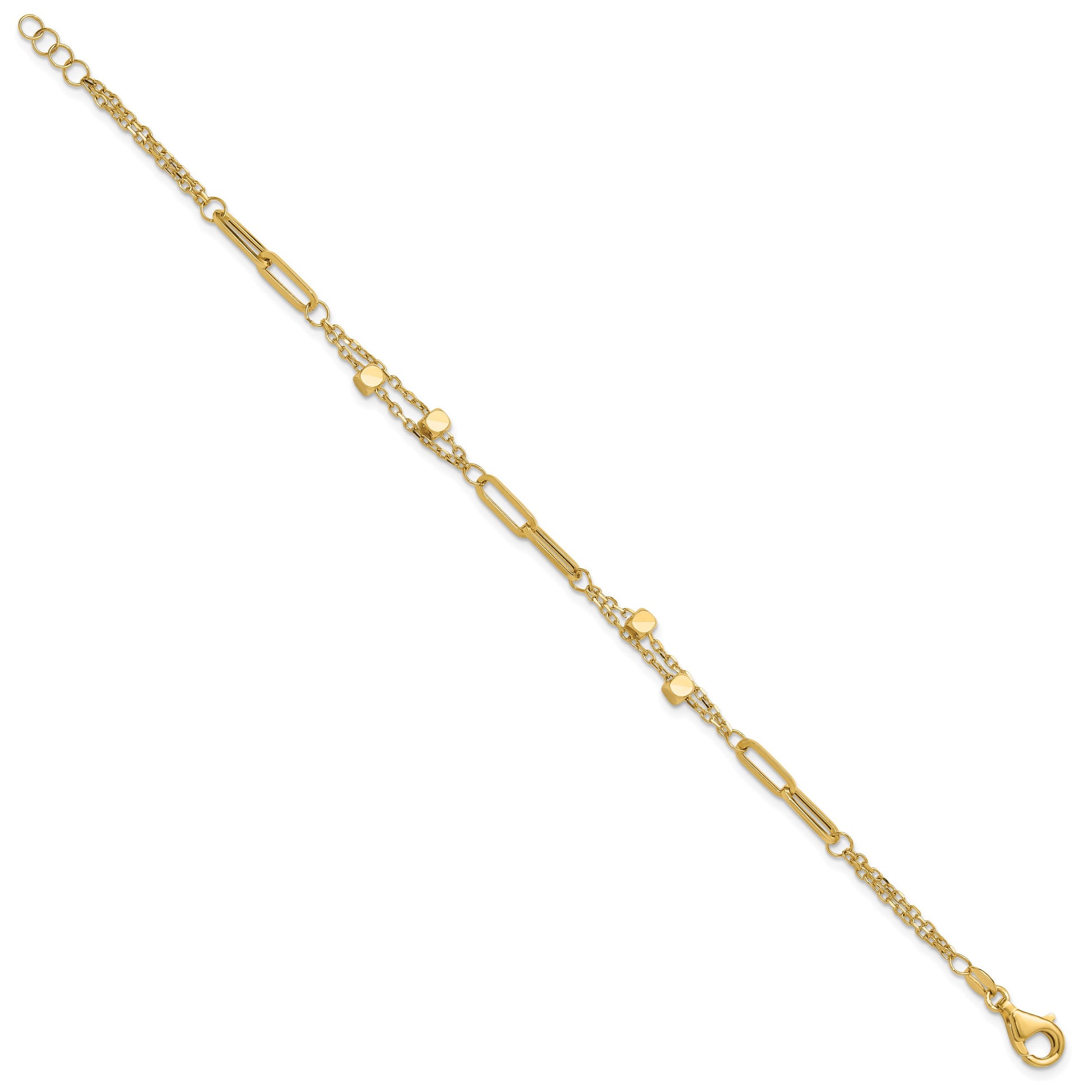 14K Polished Square Beads and Paperclip Link 7 inch Bracelet Plus 0.5 inch Extender