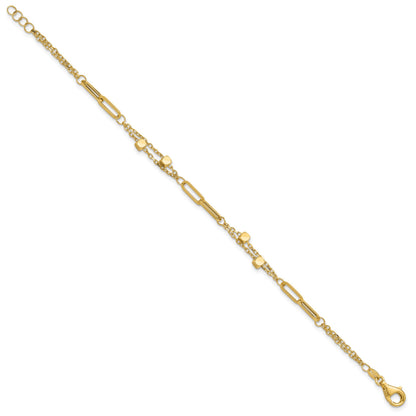 14K Polished Square Beads and Paperclip Link 7 inch Bracelet Plus 0.5 inch Extender