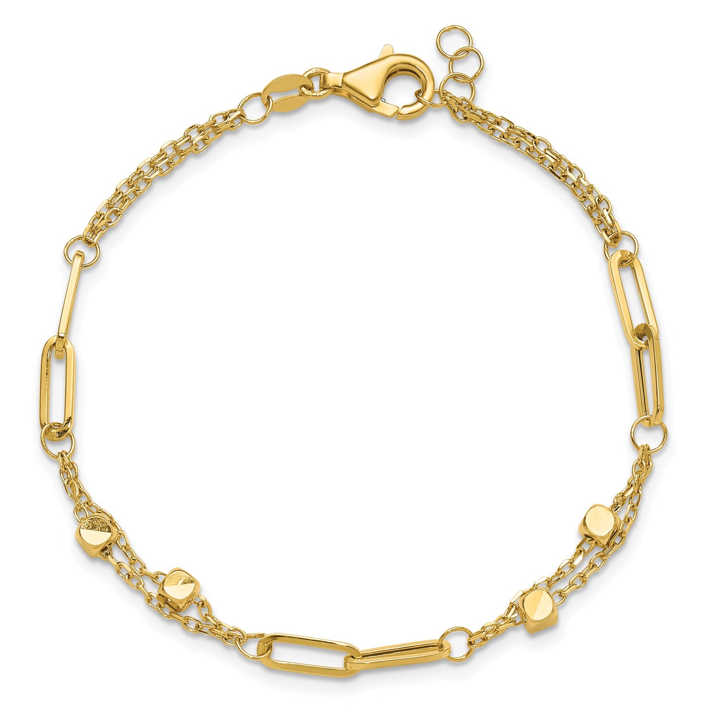 14K Polished Square Beads and Paperclip Link 7 inch Bracelet Plus 0.5 inch Extender