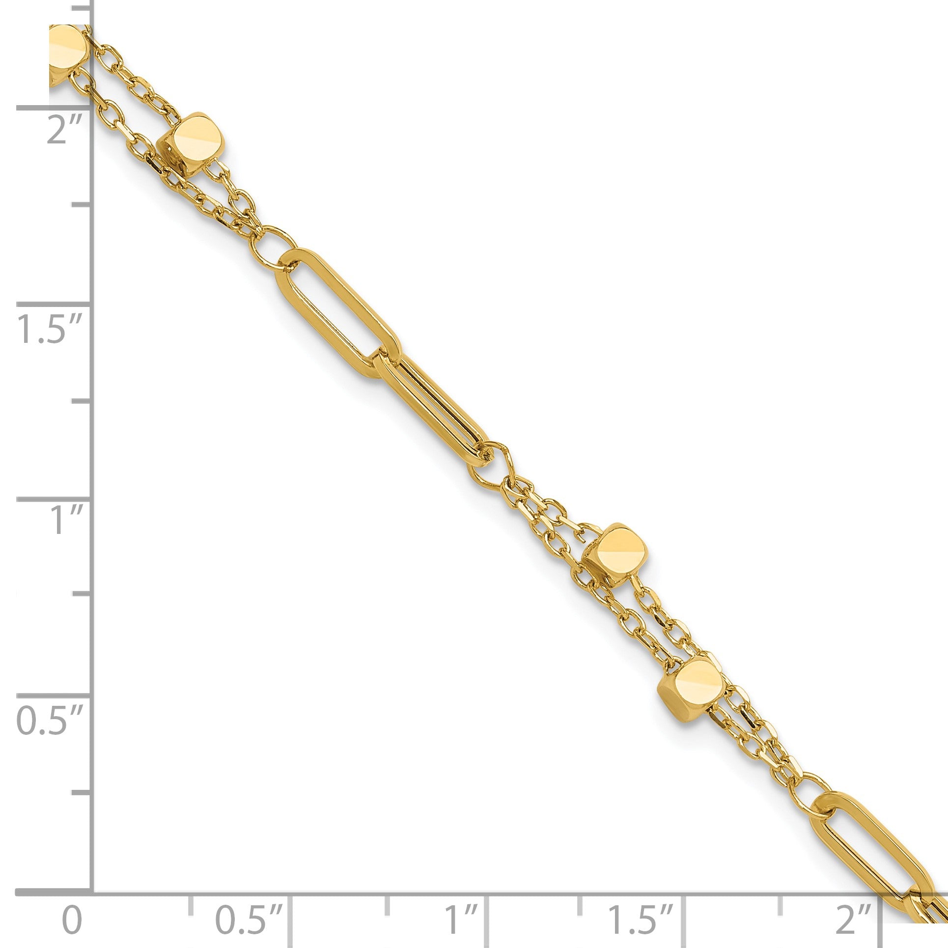 14K Polished Square Beads and Paperclip Link 7 inch Bracelet Plus 0.5 inch Extender