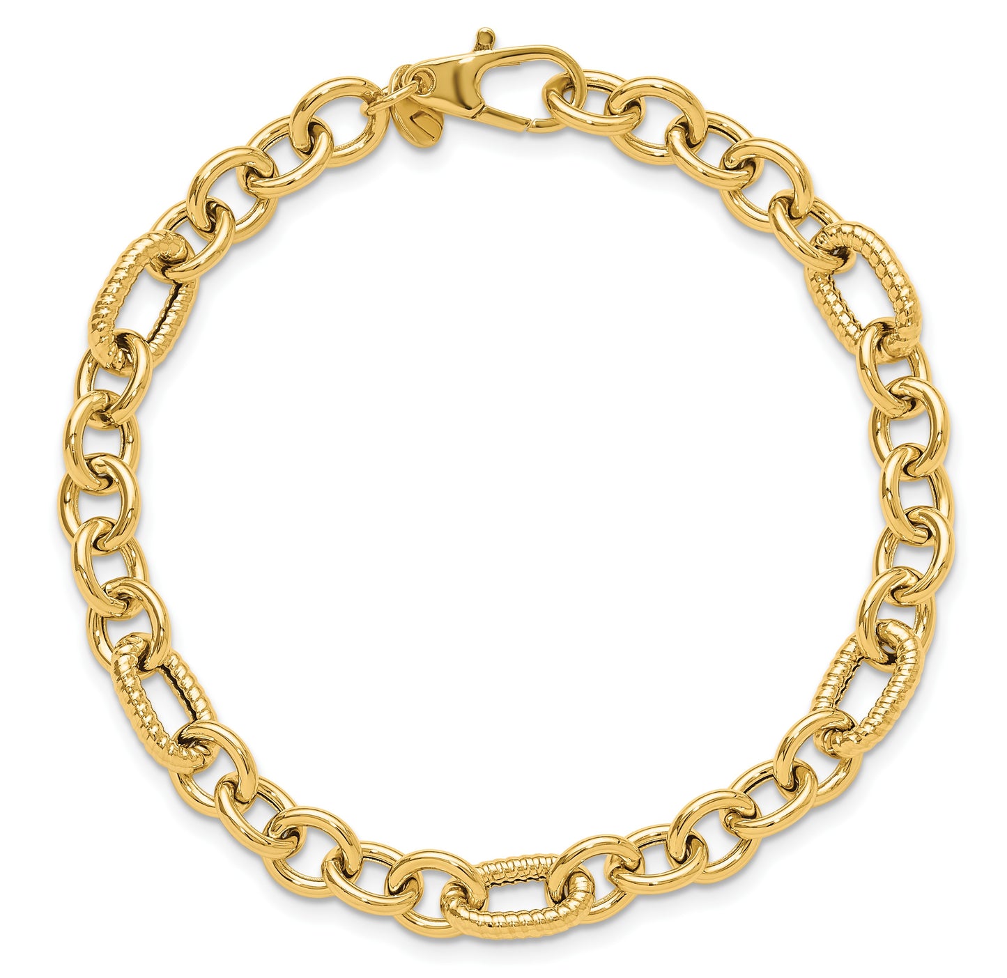 14K Polished and Textured 6.4mm Fancy Link 7.5 inch Bracelet