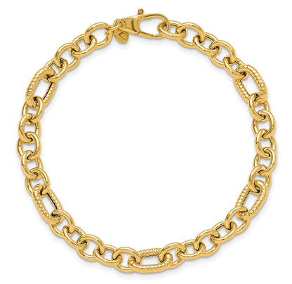 14K Polished and Textured 6.4mm Fancy Link 7.5 inch Bracelet