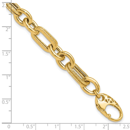 14K Polished and Textured 7.7mm Fancy Link 7.5 inch Bracelet