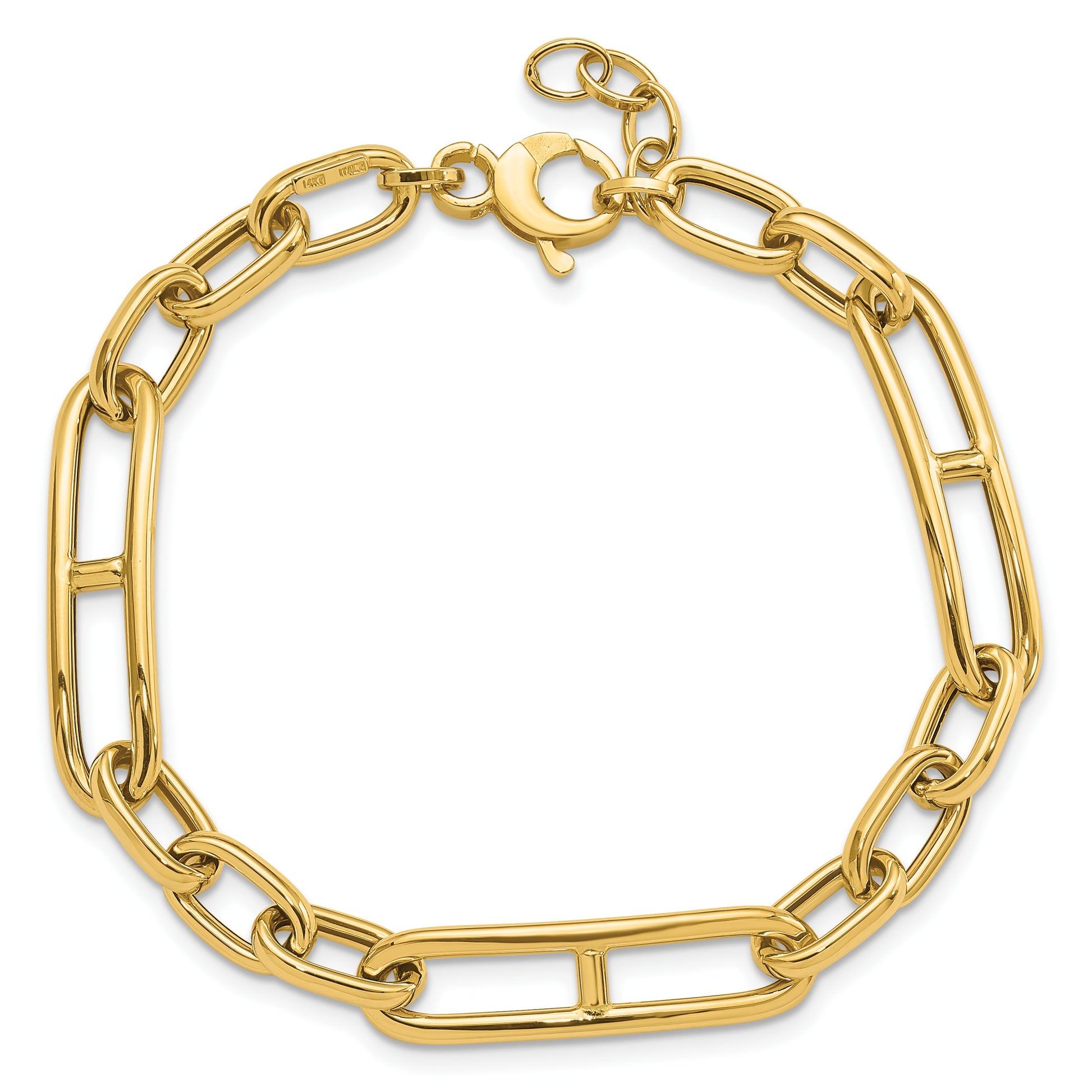 14K Polished 7.4mm Fancy Paperclip Link 7.5 inch Bracelet Plus 0.5 inch Extender