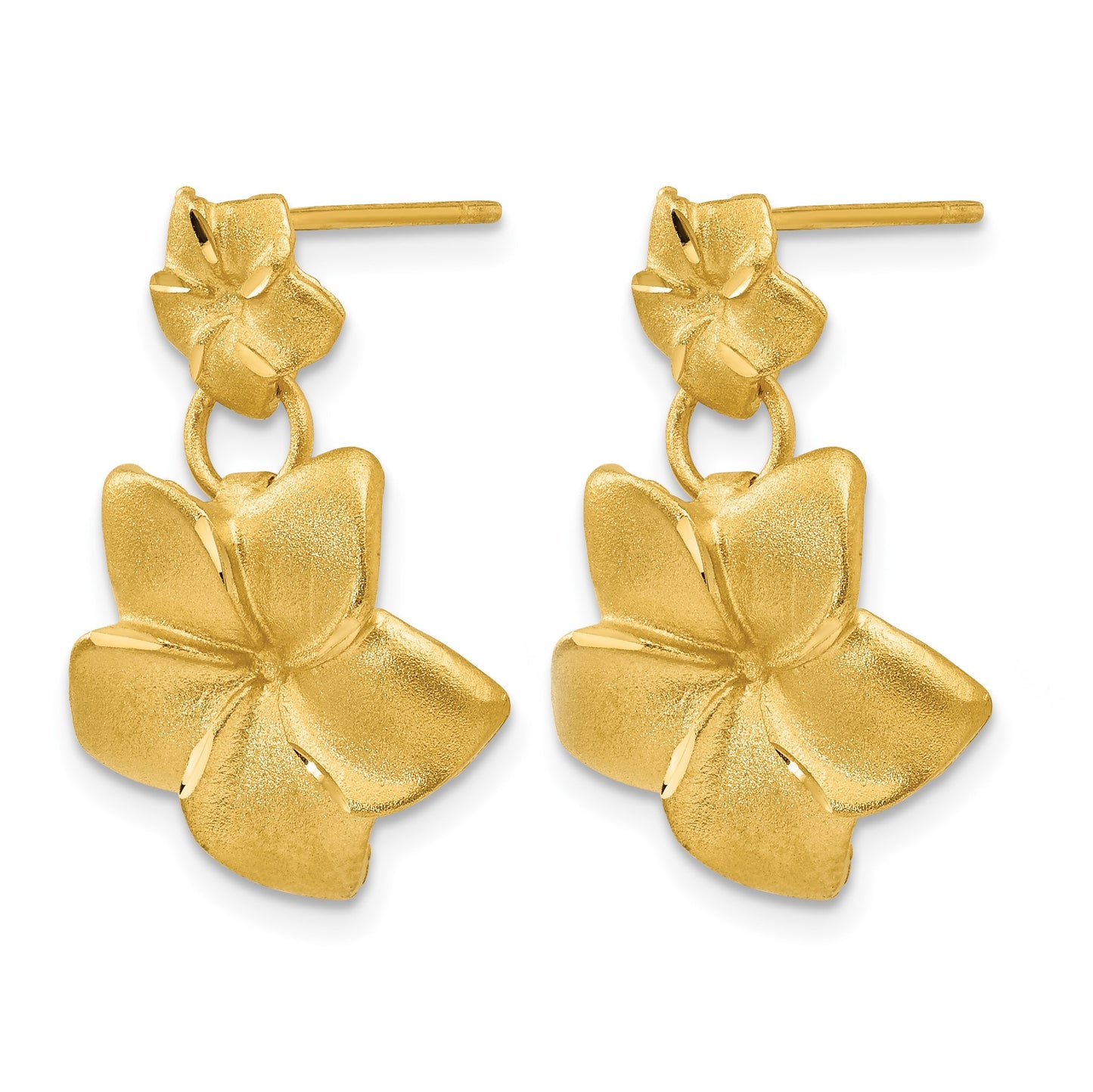 14k Satin Diamond-cut Plumeria Dangle Post Earrings
