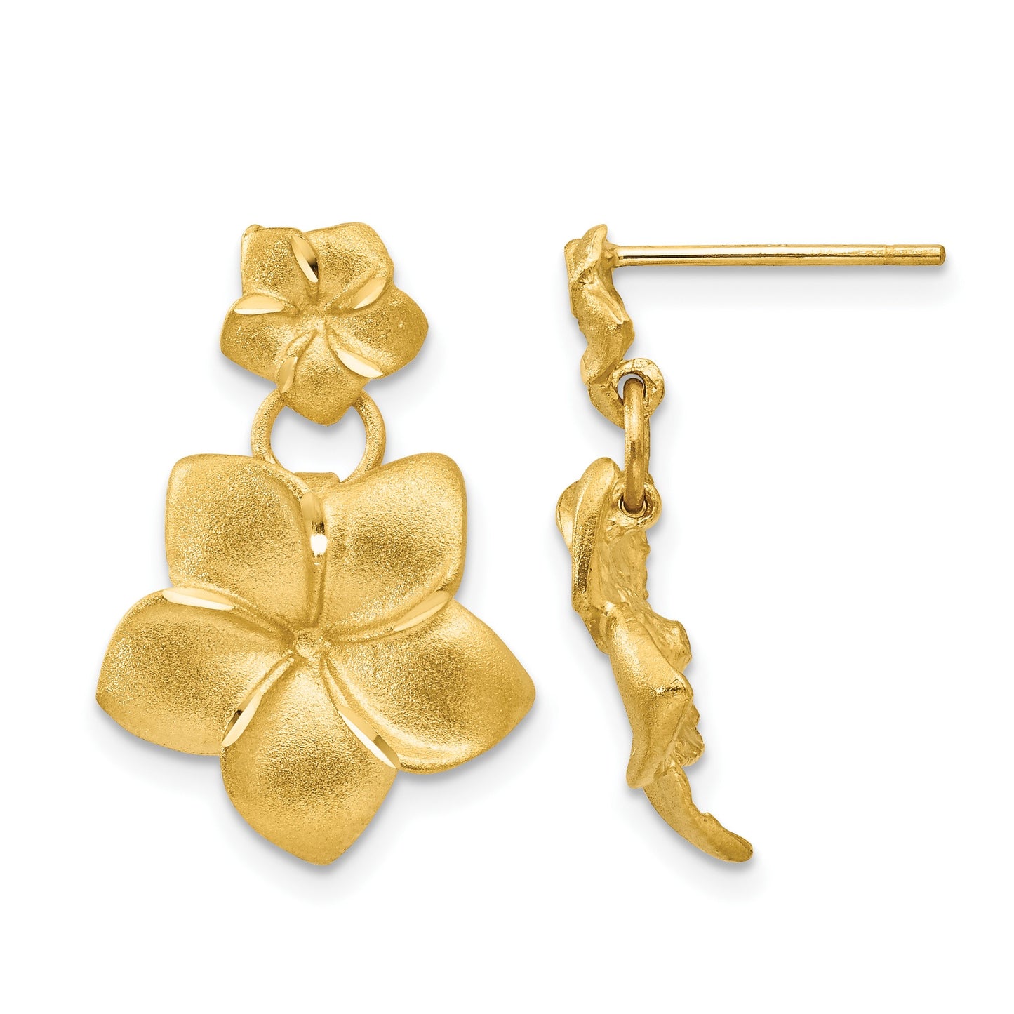 14k Satin Diamond-cut Plumeria Dangle Post Earrings