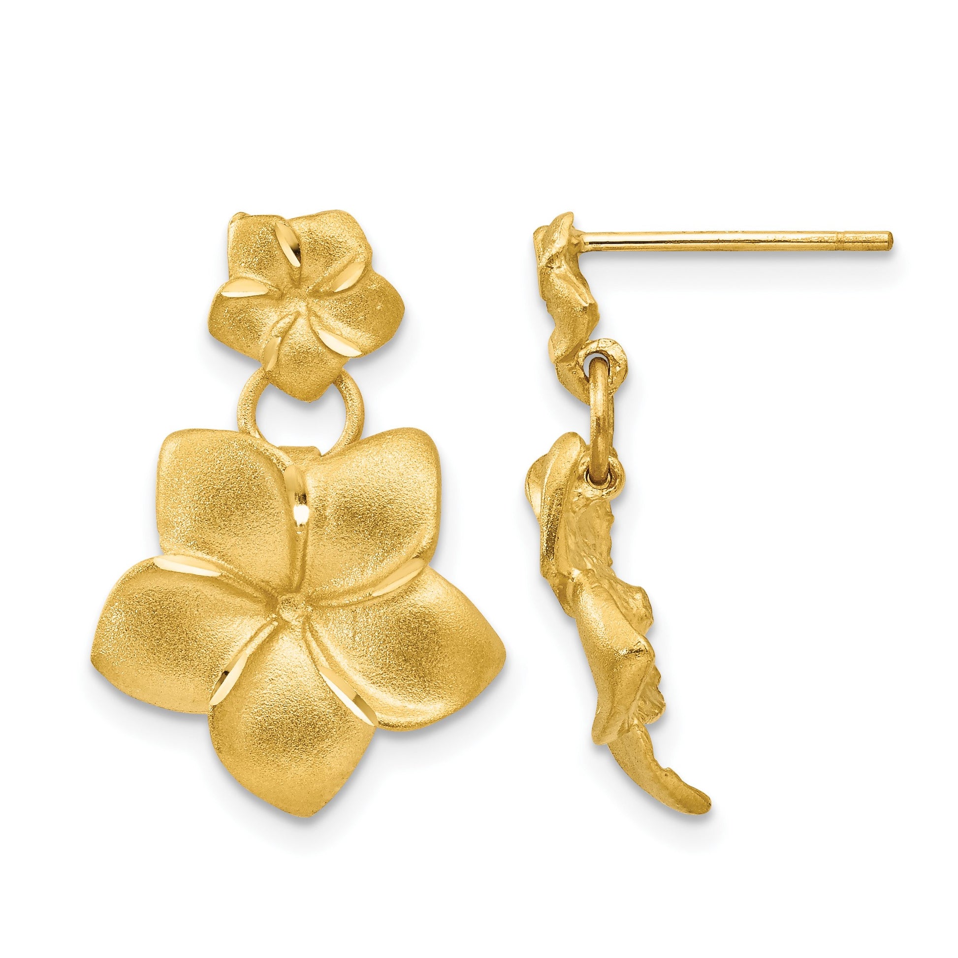 14k Satin Diamond-cut Plumeria Dangle Post Earrings