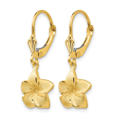 14k Satin and Diamond-Cut Plumeria Dangle Leverback Earrings