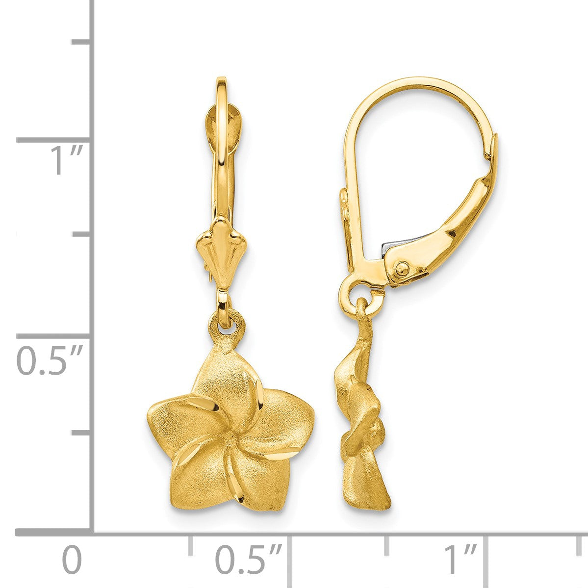14k Satin and Diamond-Cut Plumeria Dangle Leverback Earrings