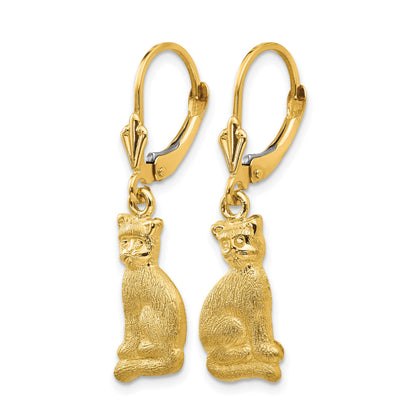 14k Satin Cat Dangle Leverback Earrings
