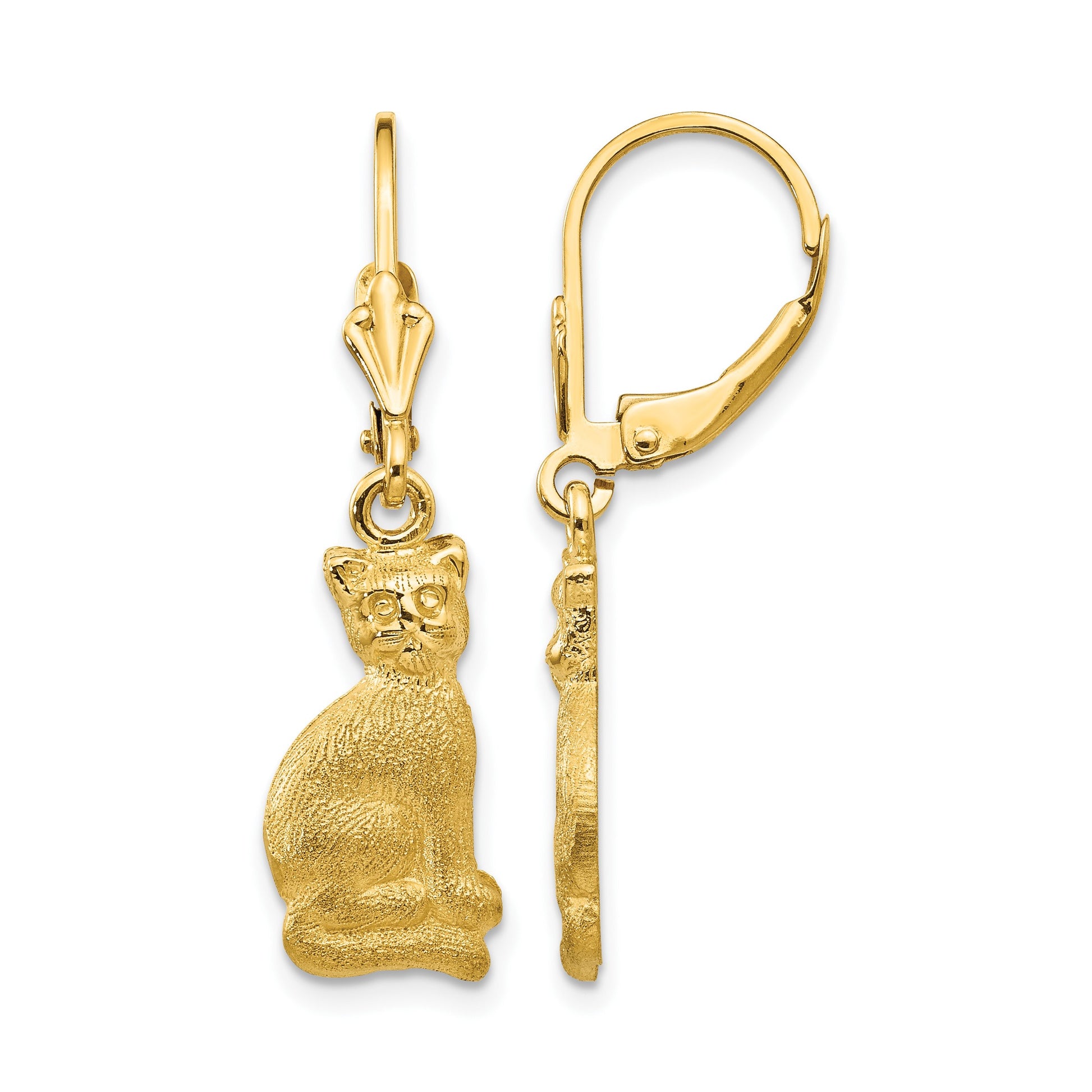 14k Satin Cat Dangle Leverback Earrings