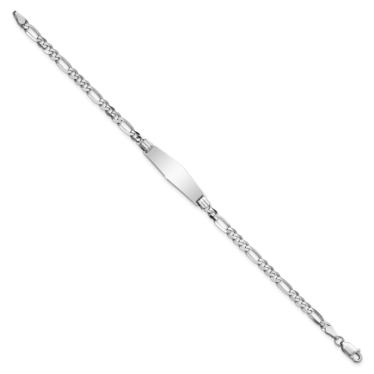 14k White Gold Polished Solid Chain/Solid Plate Figaro Link Soft Diamond Shape 24.5x7.5mm Plate 7 inch ID Bracelet