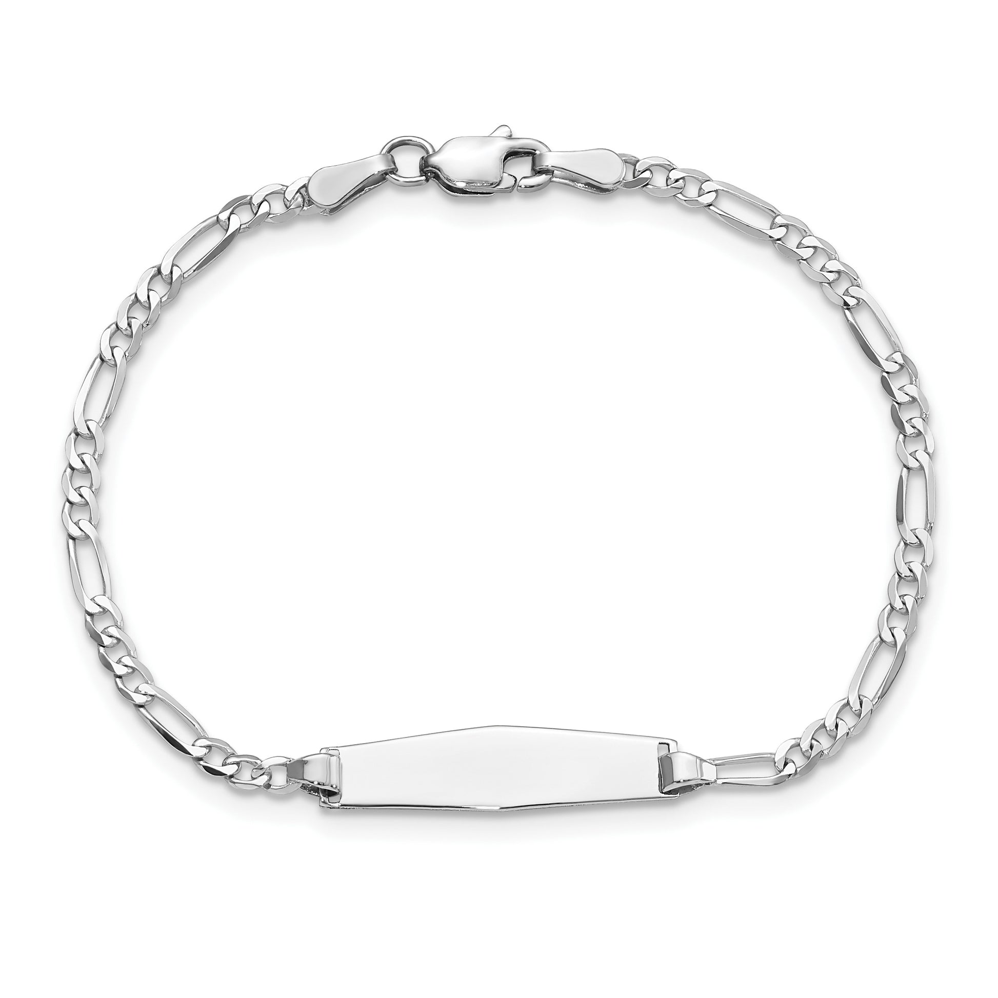 14k White Gold Polished Solid Chain/Solid Plate Figaro Link Soft Diamond Shape 19.5x5.5mm Plate 7 inch ID Bracelet