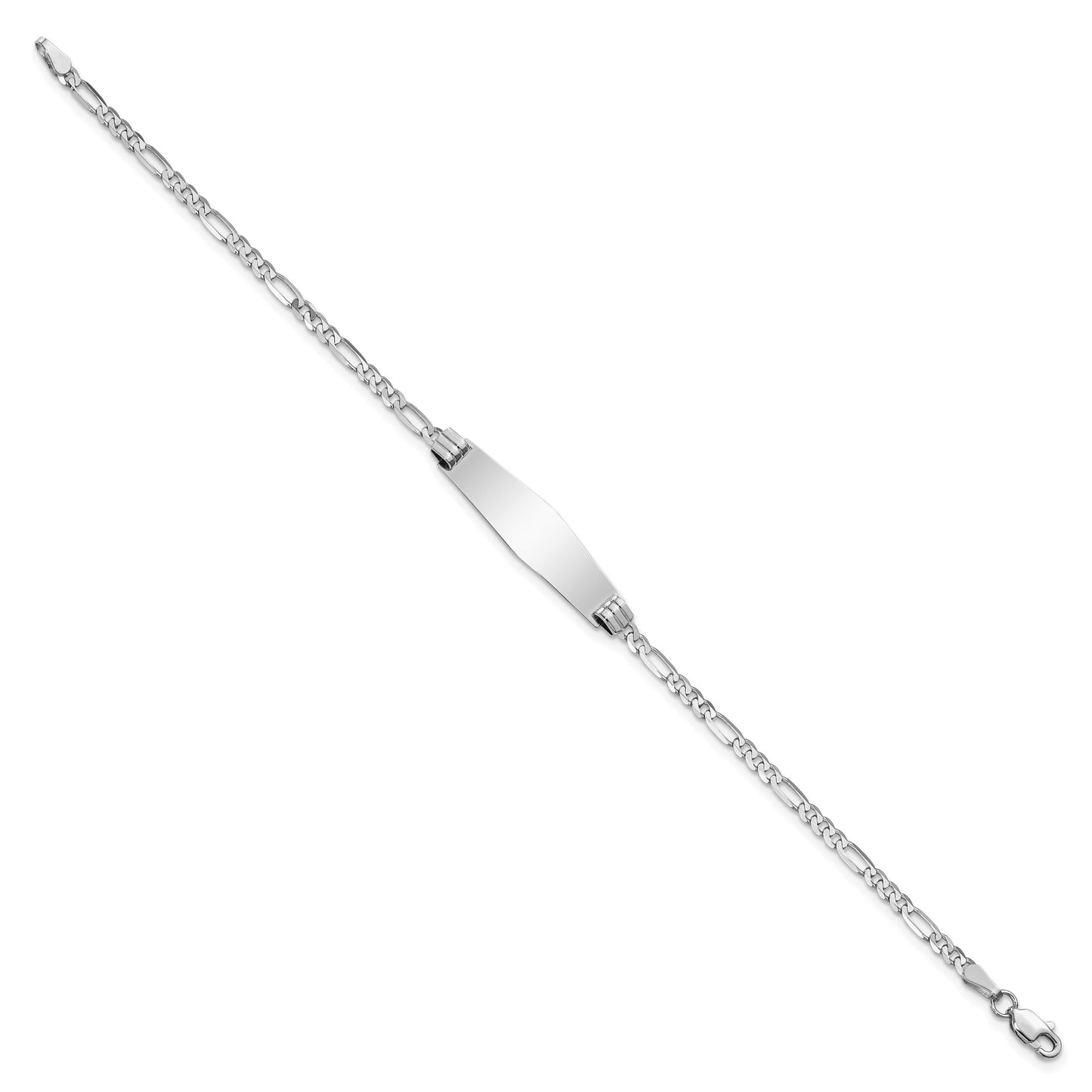 14k White Gold Polished Solid Chain/Solid Plate Figaro Link Soft Diamond Shape 24.5x7.5mm Plate 7 inch ID Bracelet