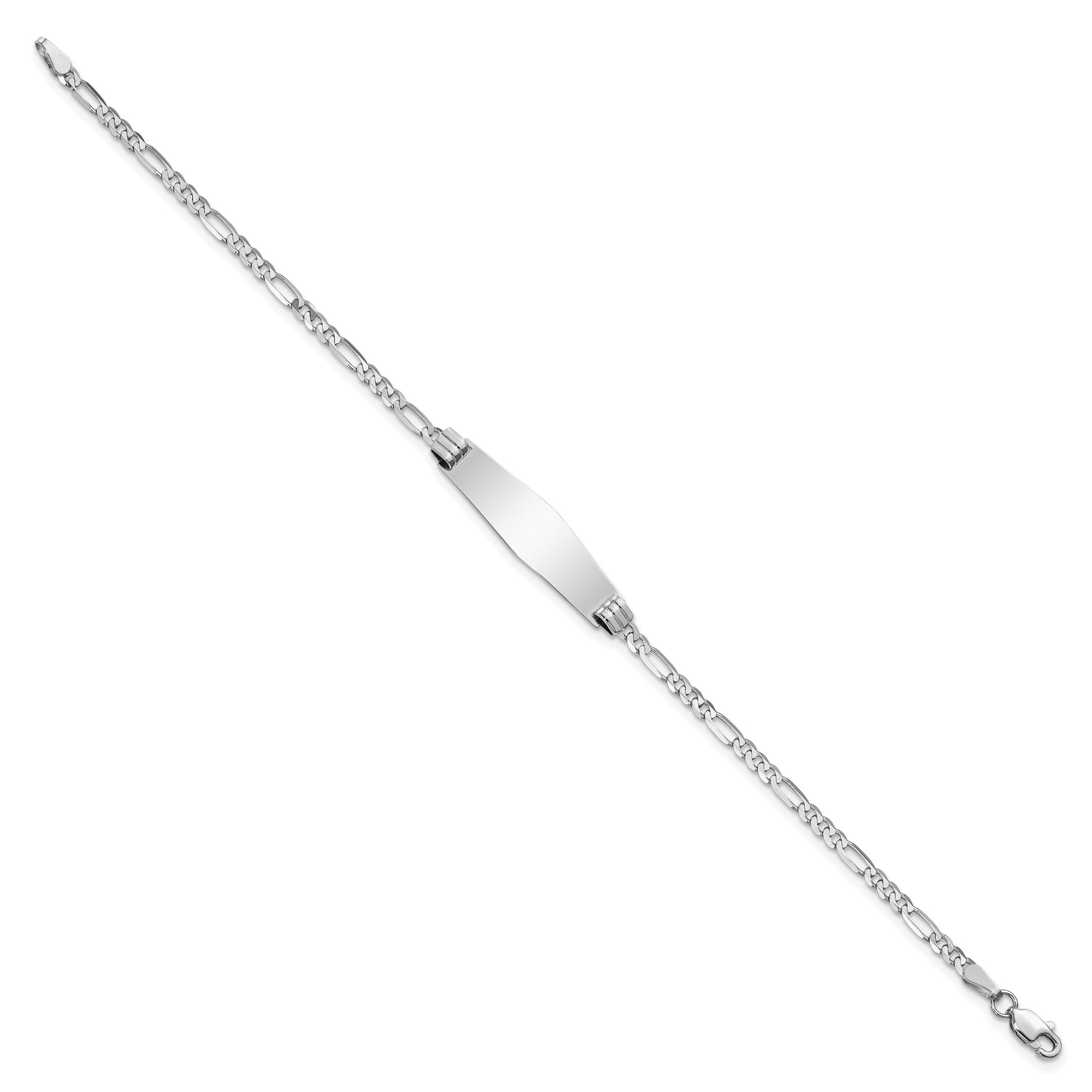 14k White Gold Polished Solid Chain/Solid Plate Figaro Link Soft Diamond Shape 24.5x7.5mm Plate 7 inch ID Bracelet
