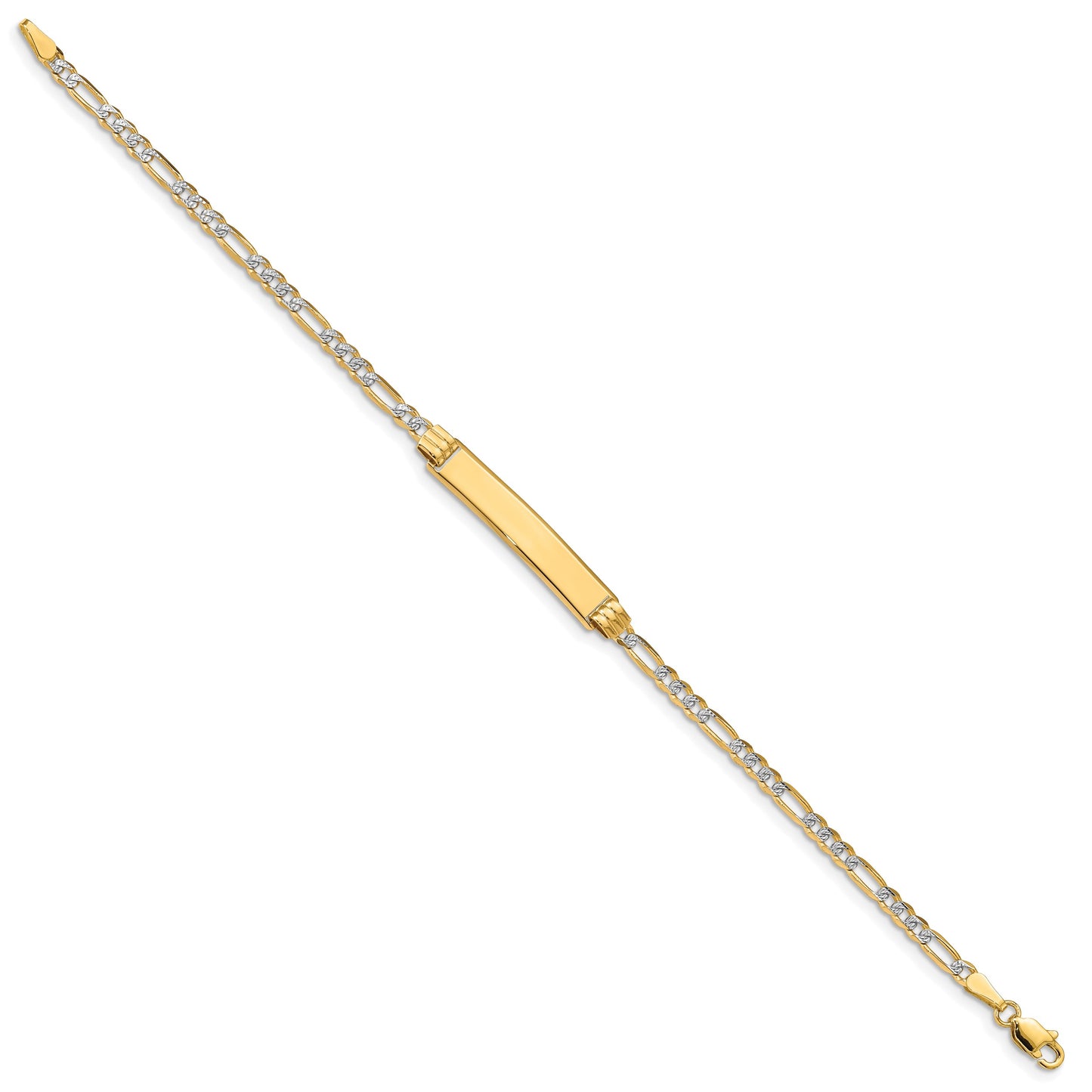 14k Polished with Rhodium Pav� Solid Chain/Solid Plate Figaro Link 25.5x5mm Plate 7 inch ID Bracelet