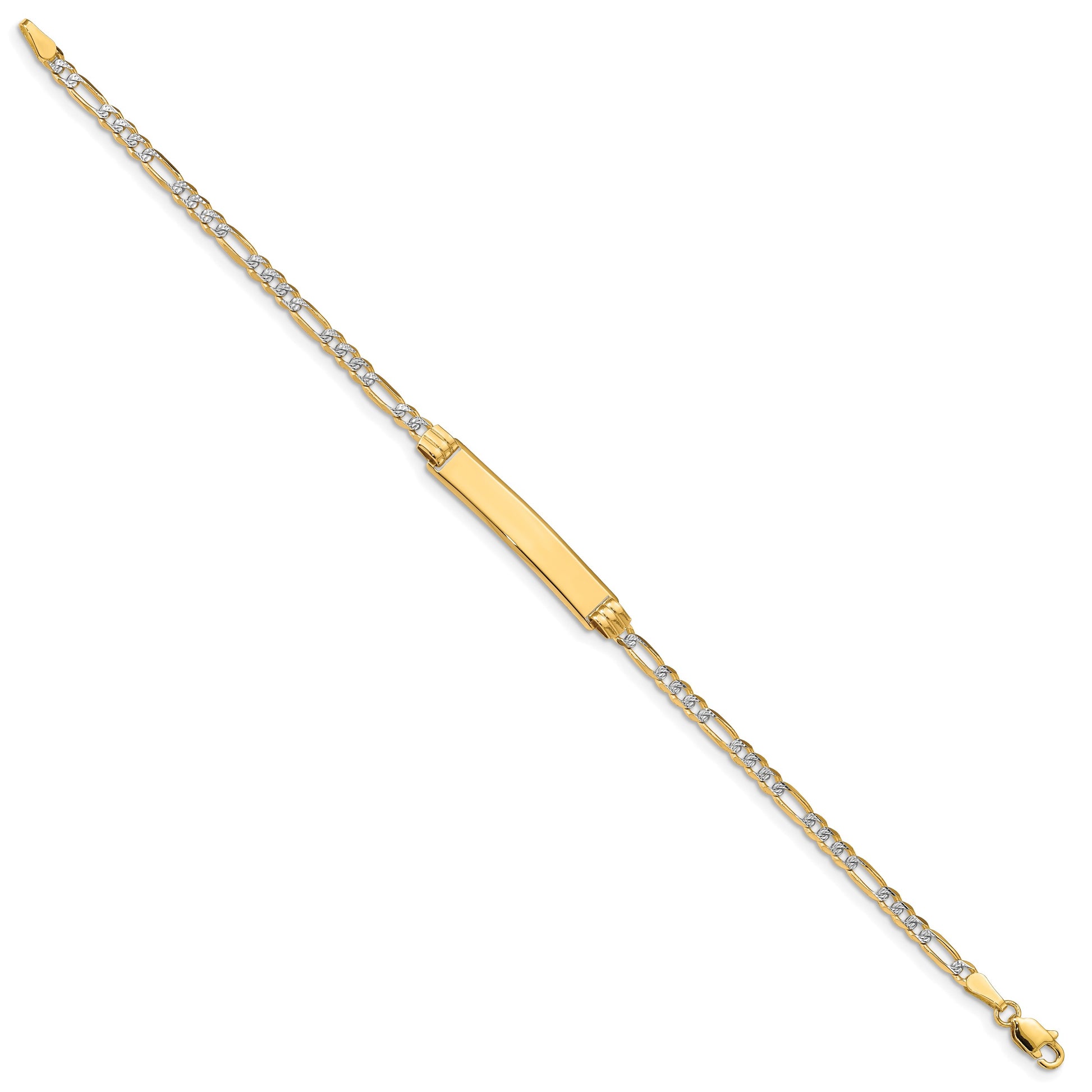 14k Polished with Rhodium Pav� Solid Chain/Solid Plate Figaro Link 25.5x5mm Plate 7 inch ID Bracelet
