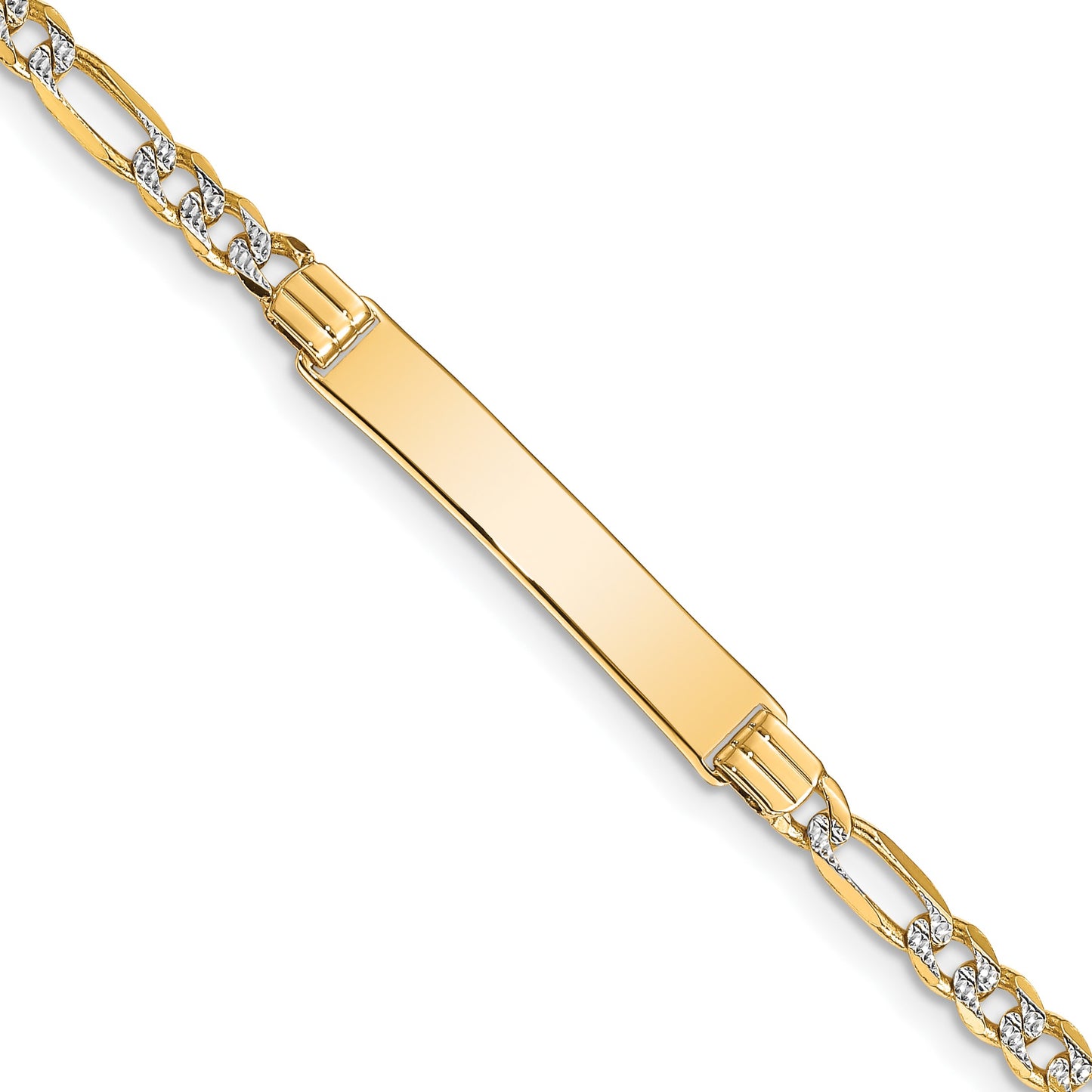 14k Polished with Rhodium Pav� Solid Chain/Solid Plate Figaro Link 25.5x5mm Plate 7 inch ID Bracelet