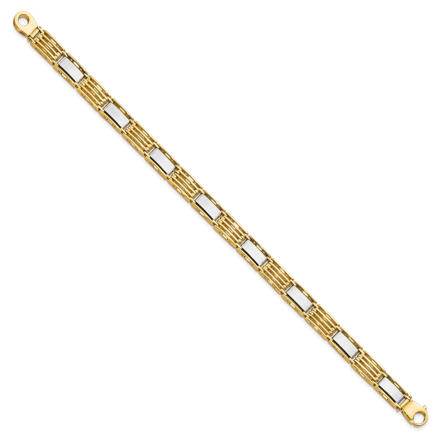 14k Two-tone High Polished 7.4mm Fancy Bar Link 8.5 inch Mens Bracelet