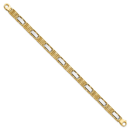 14k Two-tone High Polished 7.4mm Fancy Bar Link 8.5 inch Mens Bracelet