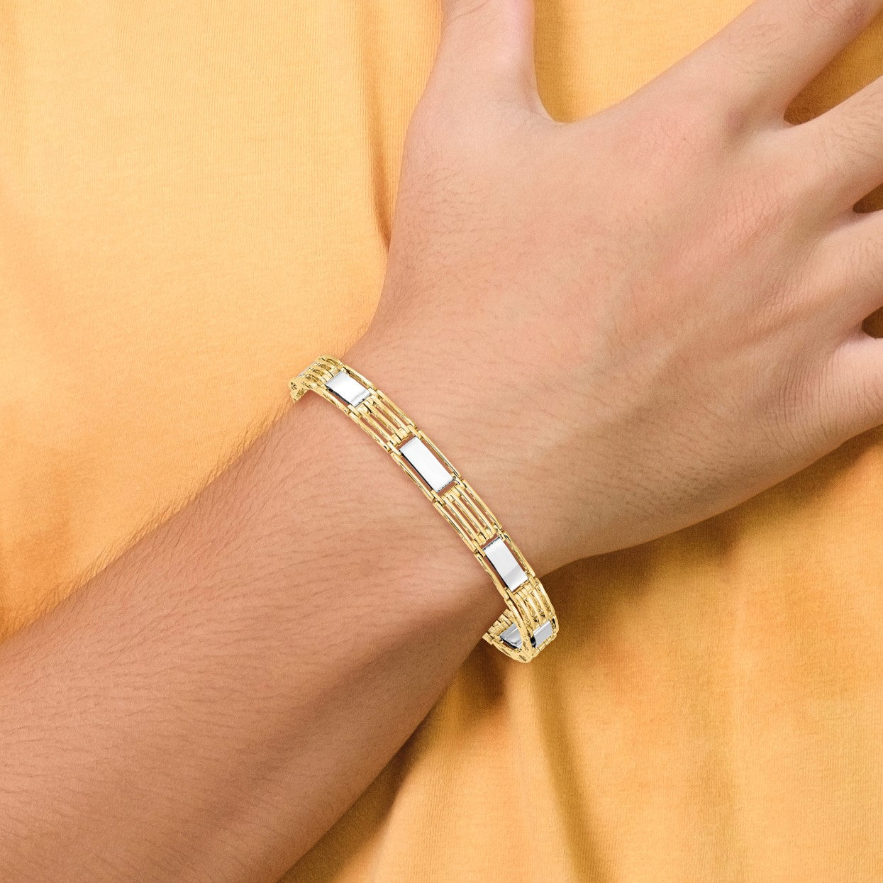 14k Two-tone High Polished 7.4mm Fancy Bar Link 8.5 inch Mens Bracelet