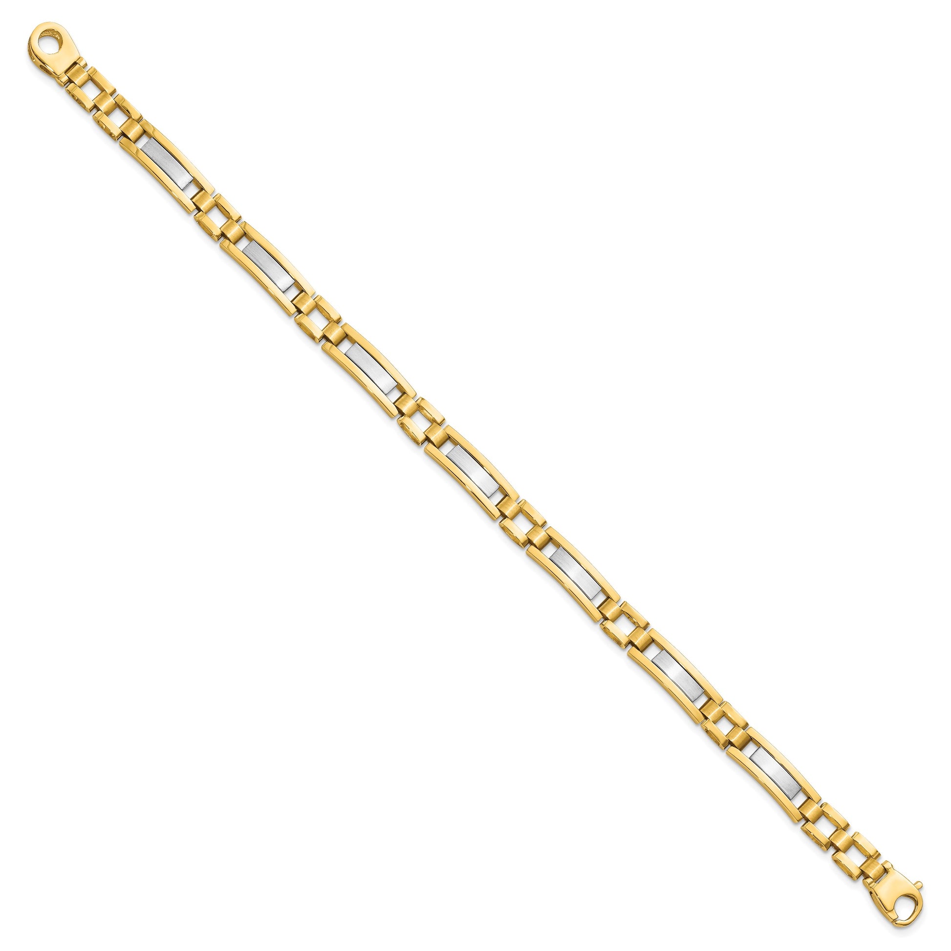 14k Two-tone Polished and Satin 6.3mm Fancy Bar Link 8.5 inch Mens Bracelet