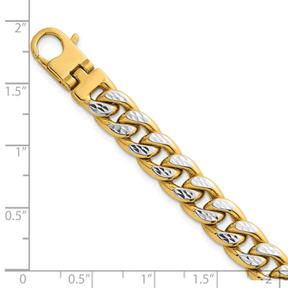 14k with White Rhodium Pave Textured 8.5mm Flat Curb Chain 8.5 inch Mens Bracelet