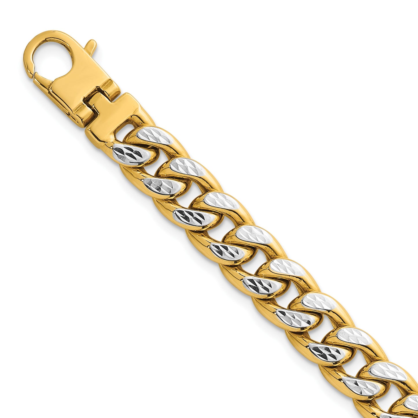 14k with White Rhodium Pave Textured 8.5mm Flat Curb Chain 8.5 inch Mens Bracelet