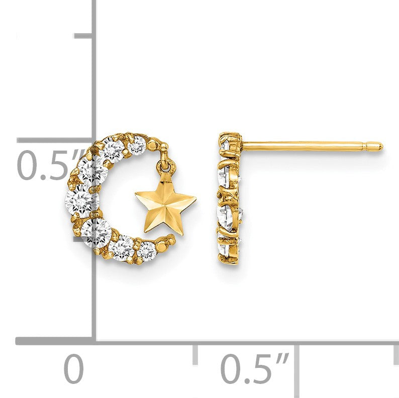 14k Madi K CZ Crescent Moon with Diamond-cut Star Dangle Childrens Post Earrings
