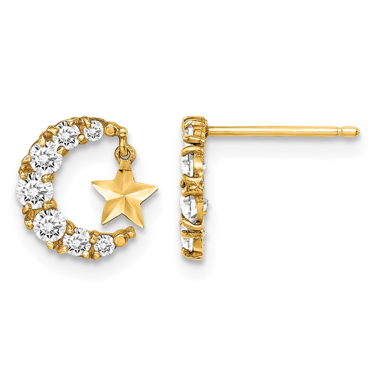 14k Madi K CZ Crescent Moon with Diamond-cut Star Dangle Childrens Post Earrings