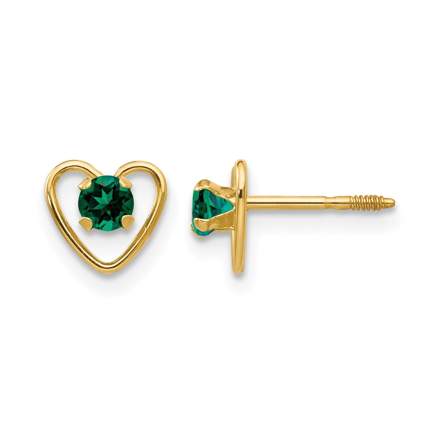 14k Madi K 3mm Round Lab Created Emerald Birthstone Heart Screwback Post Earrings