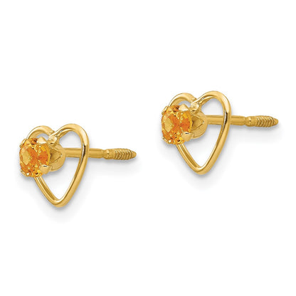 14k Madi K 3mm Genuine Citrine Birthstone Heart Earrings