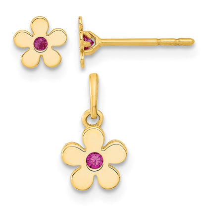14K Madi K Polished CZ Flower Post Earrings and Flower Pendant Childrens Set